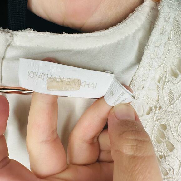 Jonathan Simkhai White Puff Sleeve V-Neck Intricate Lace Midi Dress Size 2 - Picture 14 of 16